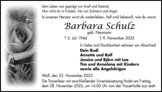 Traueranzeige von Barbara Schulz von Kreis-Anzeiger