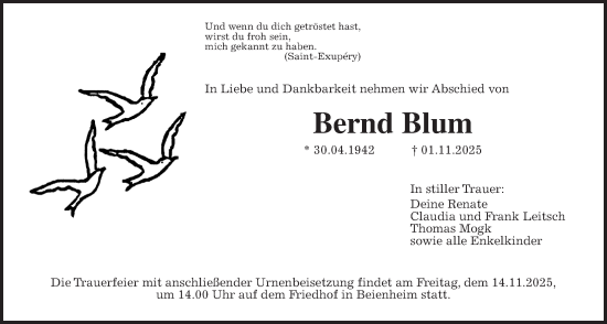 Traueranzeige von Bernd Blum von Wetterauer Zeitung