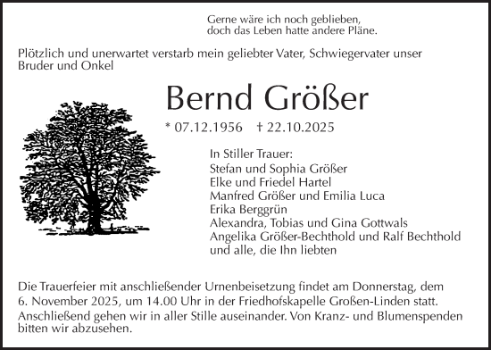 Traueranzeige von Bernd Größer von Giessener Anzeiger, Giessener Allgemeine, Alsfelder Allgemeine