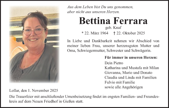 Traueranzeige von Bettina Ferrara von Giessener Allgemeine, Alsfelder Allgemeine