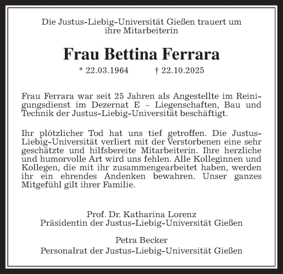 Traueranzeige von Bettina Ferrara von Giessener Allgemeine, Alsfelder Allgemeine