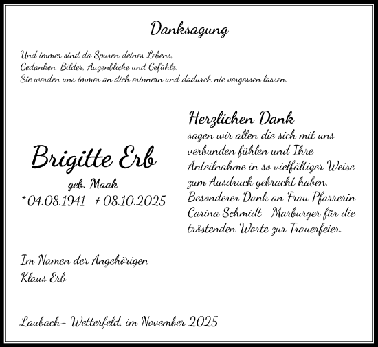 Traueranzeige von Brigitte Erb von Laubacher Anzeiger