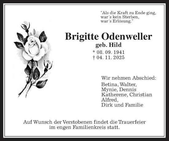 Traueranzeige von Brigitte Odenweller von Usinger Anzeiger