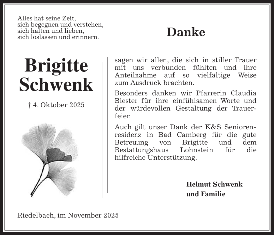 Traueranzeige von Brigitte Schwenk von Usinger Anzeigenblatt