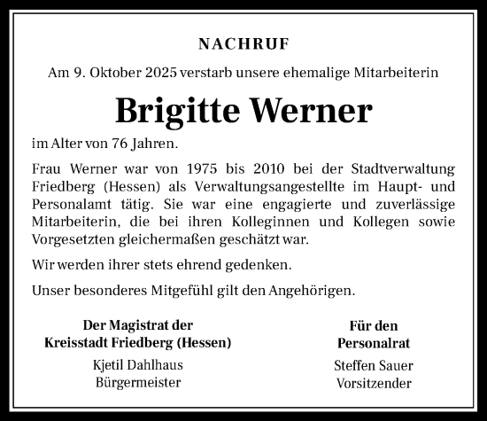 Traueranzeige von Brigitte Werner von Wetterauer Zeitung