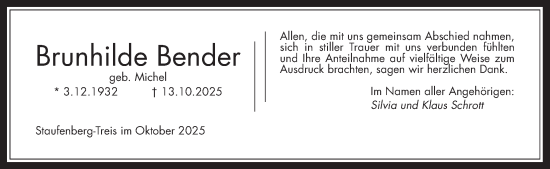 Traueranzeige von Brunhilde Bender von Giessener Anzeiger, Giessener Allgemeine, Alsfelder Allgemeine