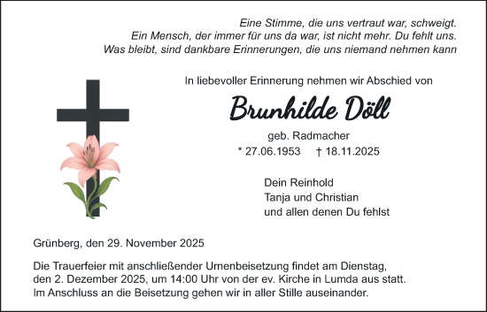 Traueranzeige von Brunhilde Döll von Giessener Allgemeine, Alsfelder Allgemeine