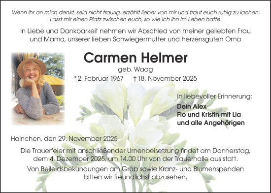 Traueranzeige von Carmen Helmer von Kreis-Anzeiger