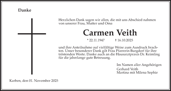 Traueranzeige von Carmen Veith von Wetterauer Zeitung
