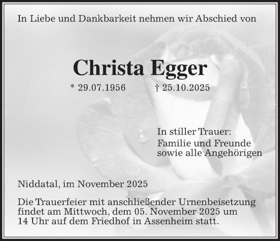 Traueranzeige von Christa Egger von Wetterauer Zeitung
