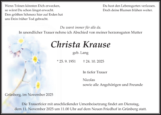 Traueranzeige von Christa Krause von Giessener Anzeiger, Giessener Allgemeine, Alsfelder Allgemeine
