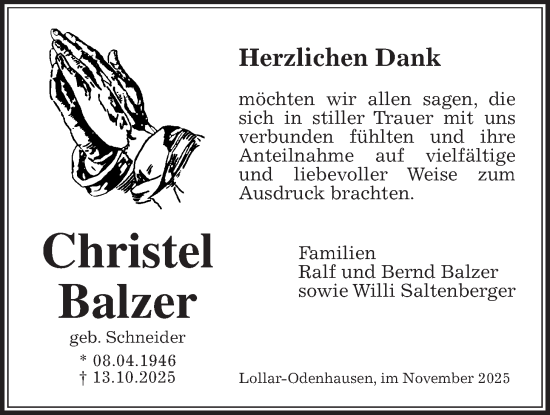 Traueranzeige von Christel Balzer von Giessener Allgemeine, Alsfelder Allgemeine
