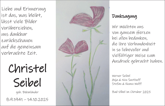 Traueranzeige von Christel Seibel von Bad Vilbel/Karben