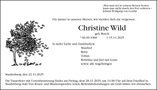 Traueranzeige von Christine Wild von Giessener Anzeiger, Giessener Allgemeine, Alsfelder Allgemeine