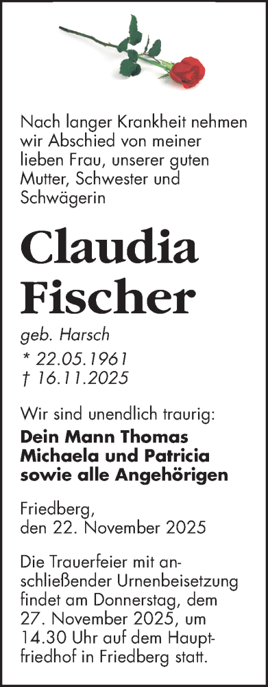 Traueranzeige von Claudia Fischer von Wetterauer Zeitung