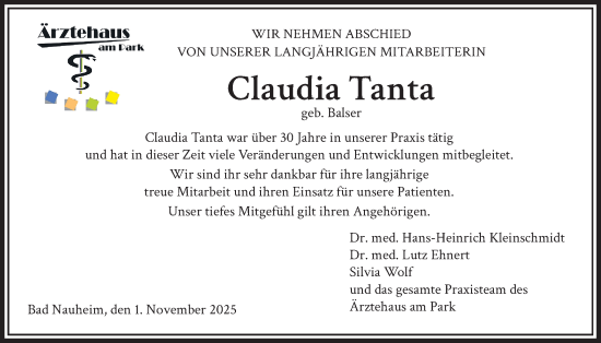 Traueranzeige von Claudia Tanta von Wetterauer Zeitung