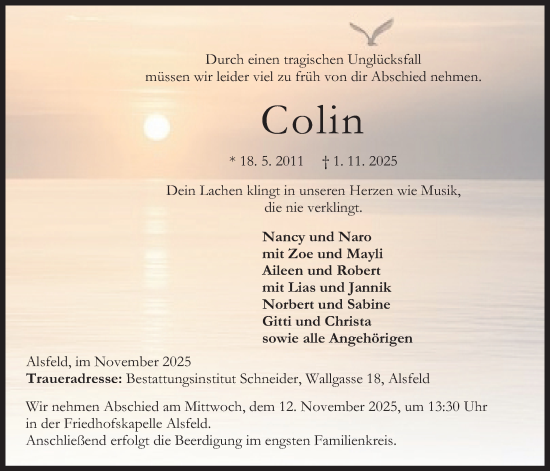 Traueranzeige von Colin Weidlich von Oberhessische Zeitung