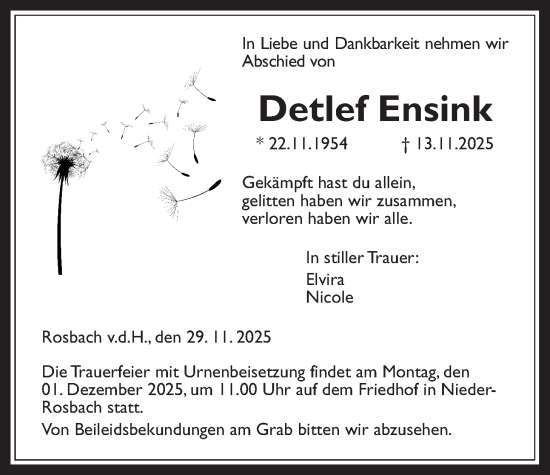 Traueranzeige von Detlef Ensink von Wetterauer Zeitung