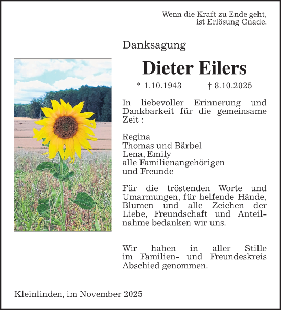 Traueranzeige von Dieter Eilers von Giessener Anzeiger, Giessener Allgemeine, Alsfelder Allgemeine