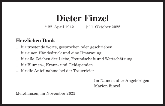 Traueranzeige von Dieter Finzel von Usinger Anzeiger, Usinger Anzeigenblatt