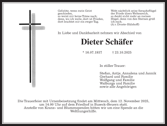 Traueranzeige von Dieter Schäfer von Giessener Allgemeine, Alsfelder Allgemeine, Wetterauer Zeitung
