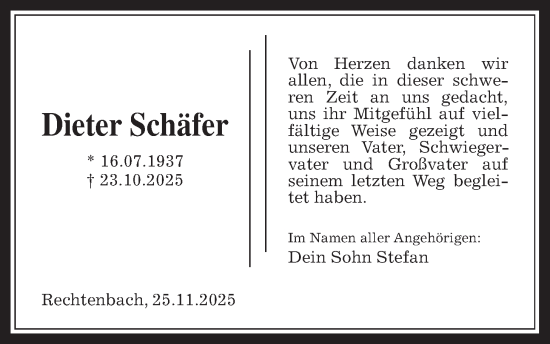 Traueranzeige von Dieter Schäfer von Giessener Allgemeine, Alsfelder Allgemeine, Giessener Anzeiger