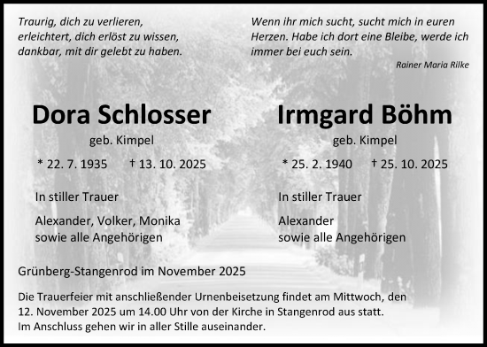 Traueranzeige von Dora Schlosser von Giessener Allgemeine, Alsfelder Allgemeine, Wetterauer Zeitung