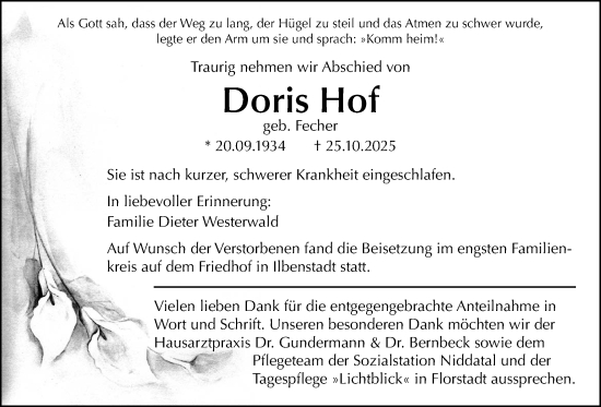 Traueranzeige von Doris Hof von Wetterauer Zeitung