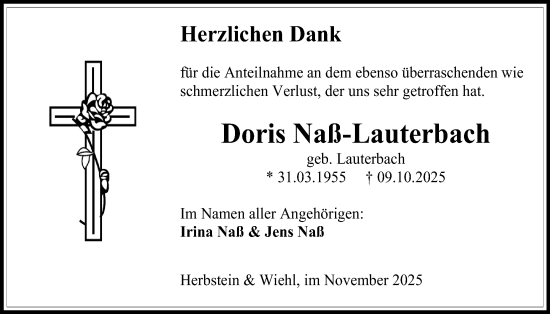 Traueranzeige von Doris Nass-Lauterbach von Lauterbacher Anzeiger