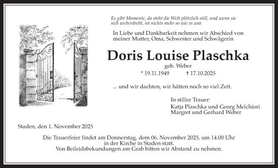 Traueranzeige von Doris Louise Plaschka von Wetterauer Zeitung