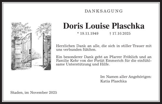 Traueranzeige von Doris Louise Plaschka von Wetterauer Zeitung