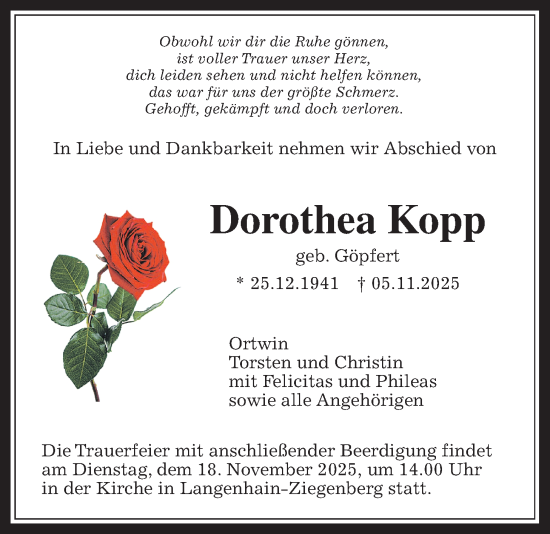 Traueranzeige von Dorothea Kopp von Butzbacher Zeitung, Wetterauer Zeitung