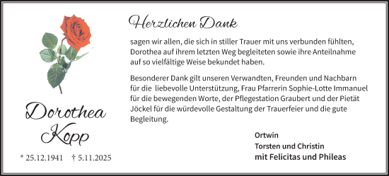 Traueranzeige von Dorothea Kopp von Wetterauer Zeitung, Butzbacher Zeitung