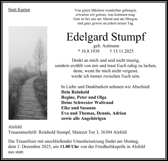 Traueranzeige von Edelgard Stumpf von Oberhessische Zeitung, 