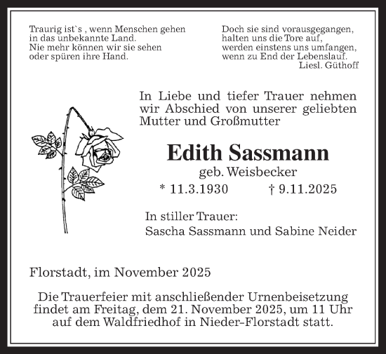 Traueranzeige von Edith Sassmann von Wetterauer Zeitung