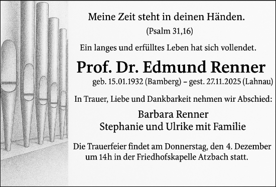 Traueranzeige von Edmund Renner von Giessener Allgemeine, Alsfelder Allgemeine