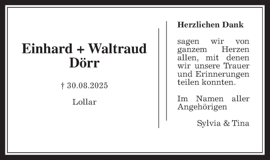 Traueranzeige von Einhard Dörr von Giessener Allgemeine, Alsfelder Allgemeine