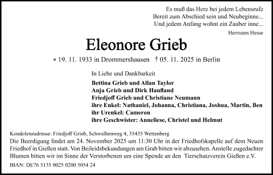 Traueranzeige von Eleonore Grieb von Giessener Allgemeine, Alsfelder Allgemeine