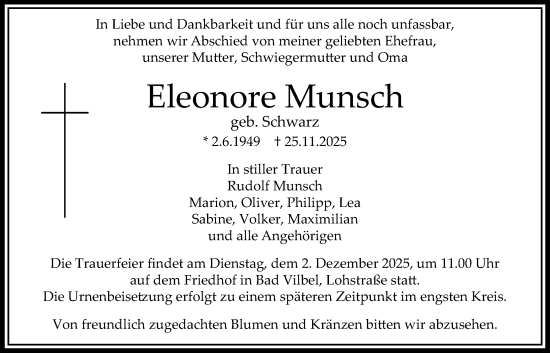 Traueranzeige von Eleonore Munsch von Bad Vilbel/Karben