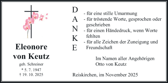 Traueranzeige von Eleonore von Keutz von Giessener Anzeiger, Giessener Allgemeine, Alsfelder Allgemeine