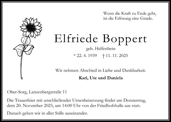 Traueranzeige von Elfriede Boppert von Oberhessische Zeitung