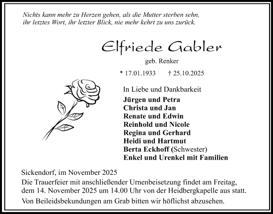 Traueranzeige von Elfriede Gabler 