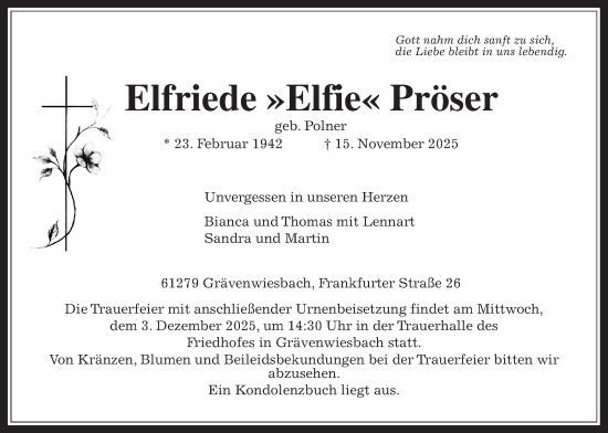 Traueranzeige von Elfriede Pröser von Usinger Anzeiger, Usinger Anzeigenblatt
