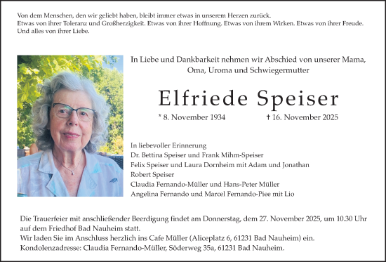Traueranzeige von Elfriede Speiser von Wetterauer Zeitung