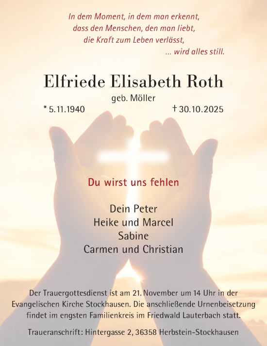Traueranzeige von Elfriede Elisabeth Roth von Lauterbacher Anzeiger
