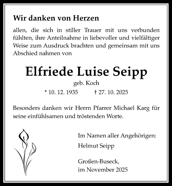 Traueranzeige von Elfriede Luise Seipp von Giessener Anzeiger, Giessener Allgemeine, Alsfelder Allgemeine