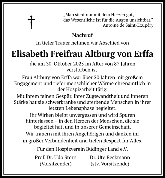 Traueranzeige von Elisabeth Freifrau Altburg von Erffa von Kreis-Anzeiger