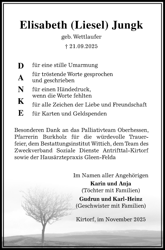 Traueranzeige von Elisabeth Jungk von Oberhessische Zeitung