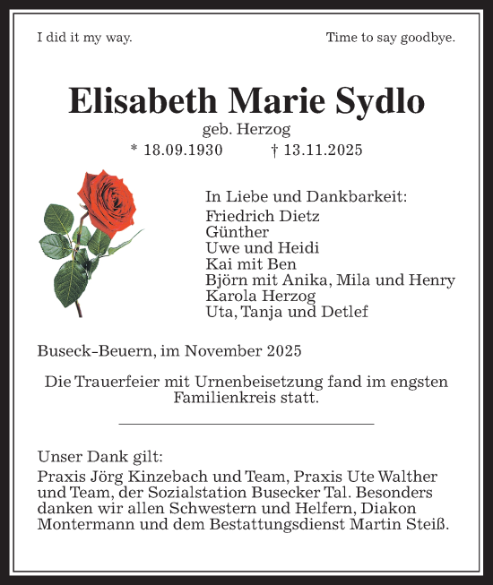 Traueranzeige von Elisabeth Marie Sydlo von Giessener Allgemeine, Alsfelder Allgemeine