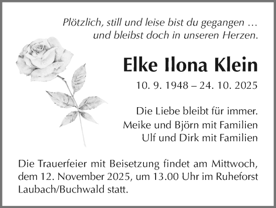 Traueranzeige von Elke Ilona Klein von Heimatzeitung Grünberg + Laubach, Heimatzeitung Grünberg + Laubach, Giessener Allgemeine, Alsfelder Allgemeine